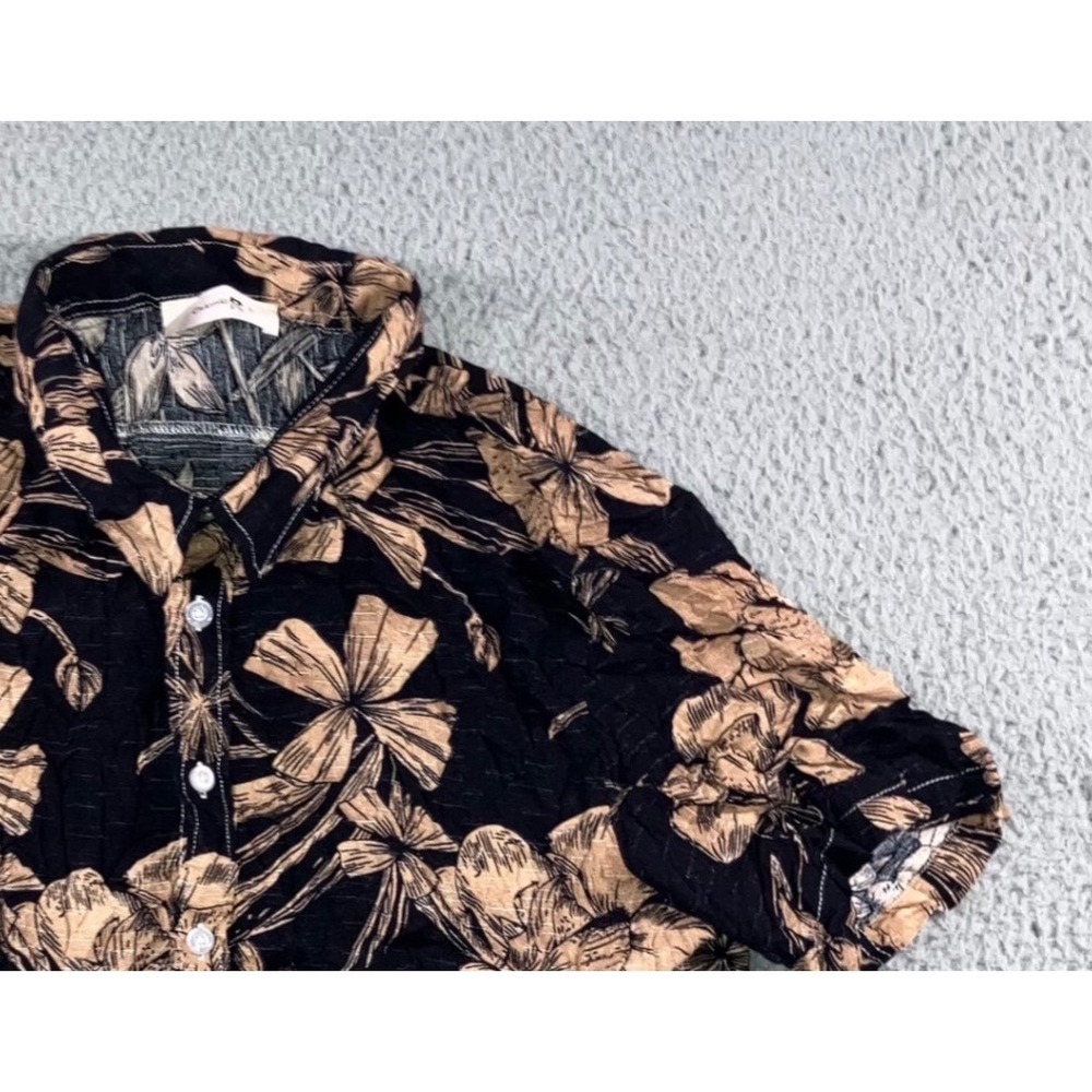 Floral Hawaiian Shirt Men S Black Tan S/S Textured Seersucker Beach Vacation Top